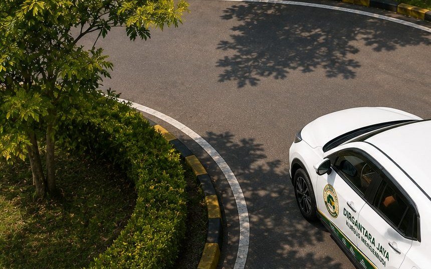 Ilustrasi: mobil latihan memasuki tikungan di area latihan